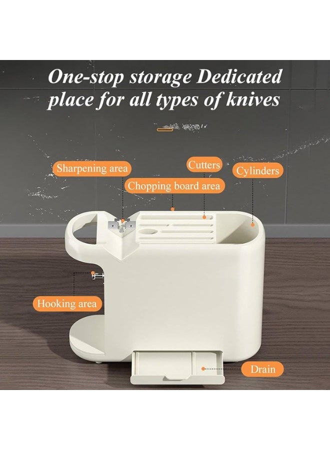 Bukela Multi-Functional Chopstick Holder/Knife Board Rack, Knife Holder with Sharpener, Kitchen Storage Rack for Cutting Boards, Pot Lids, Utensils, Suitable for Home Restaurant Countertop (White) - Image 5