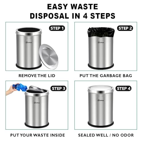 mofna Stainless Steel Swing lid dustbin, Garbage Bin, Trash Can, with removable lid For Home, Kitchen, Bathroom, Office & Commercial Use - 8x12 In -7 Liter, Silver, Pack of 2 - Image 5