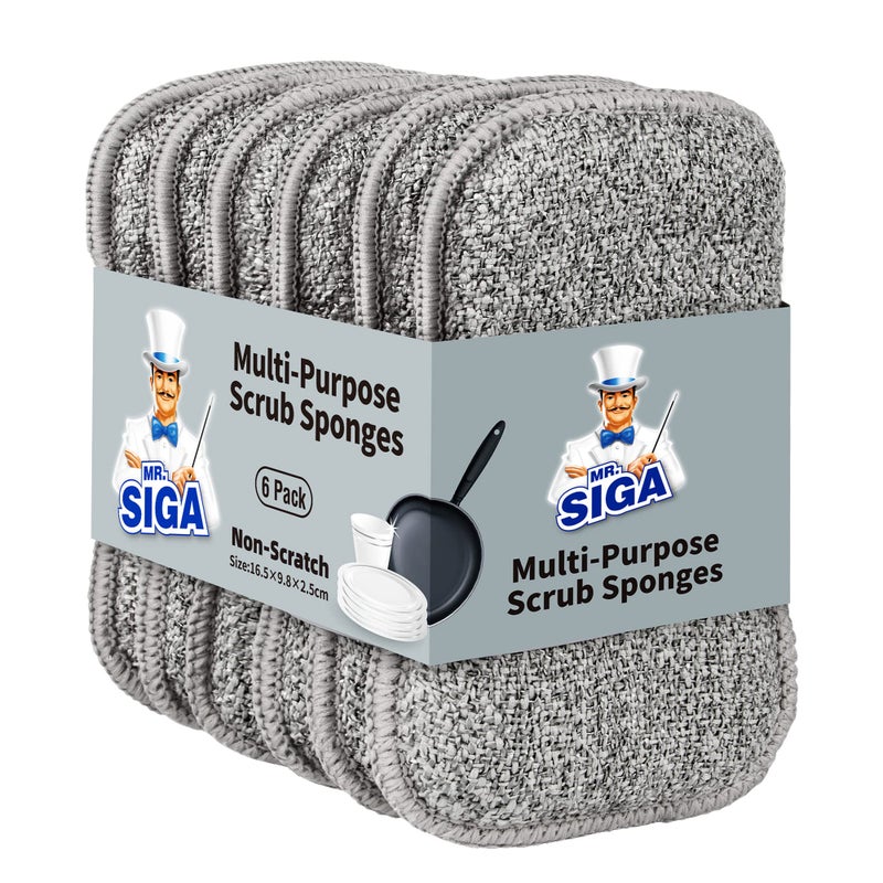 Mr Siga MR.SIGA Dual-Sided Scrub Sponges, Long lasting, Reusable Dishwashing Sponges for Kitchen, 6 Pack - Image 1