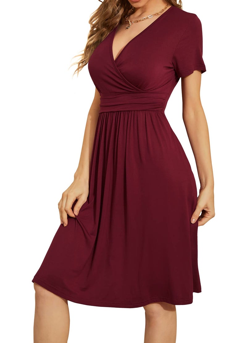 WEACZZY Womens Summer Dress Wrap V-Neck Party Dress Knee Length Casual Dresses for Women,Wine Red,M - Image 2