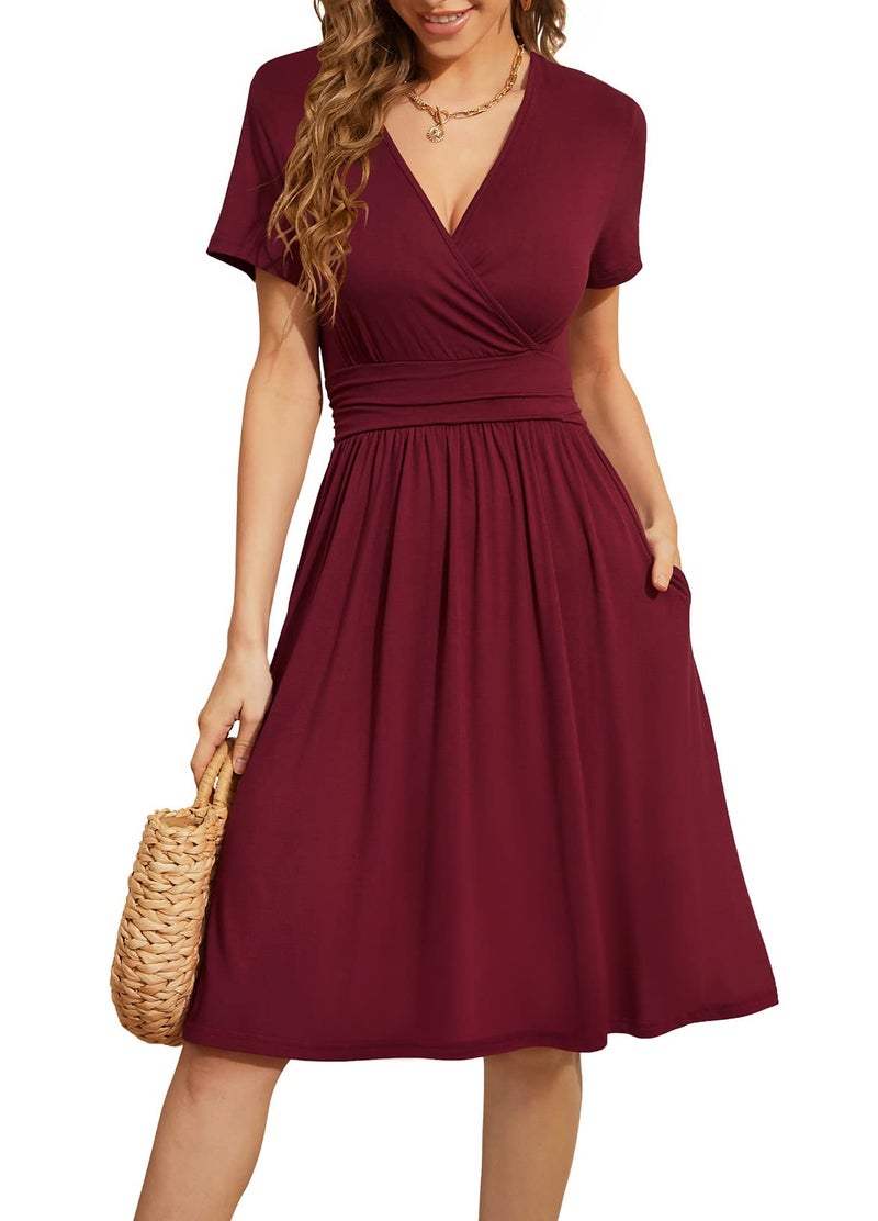 WEACZZY Womens Summer Dress Wrap V-Neck Party Dress Knee Length Casual Dresses for Women,Wine Red,M - Image 1