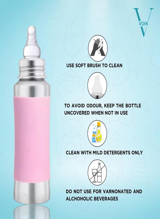 VOIK Baby Feeding Bottle 240ML in Pink Color | Stainless Steel Simple Bottle | Hygienic Silicone Teat | Feeding Bottle for New Born Baby BPA Free - Image 3