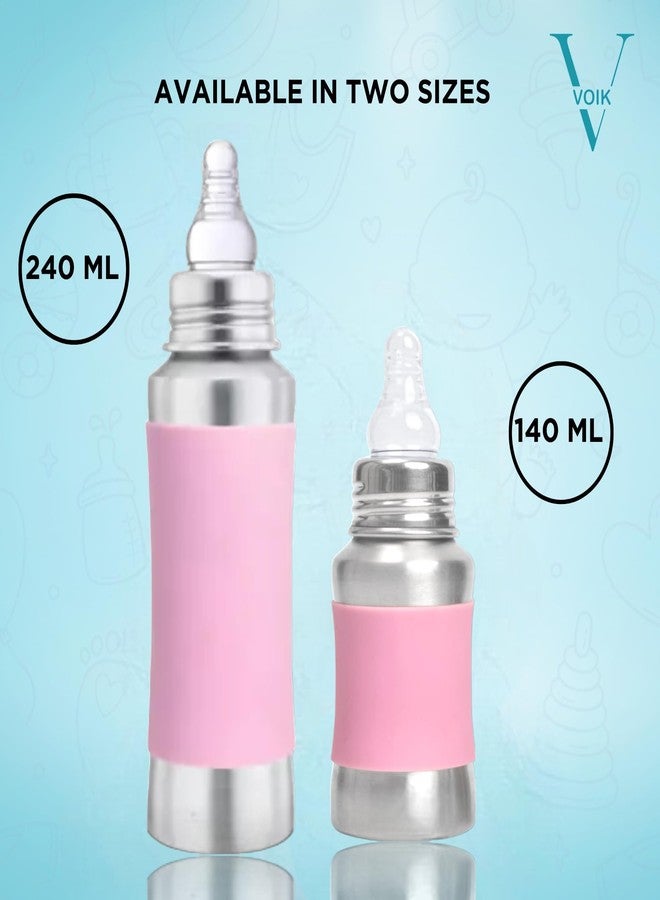 VOIK Baby Feeding Bottle 240ML in Pink Color | Stainless Steel Simple Bottle | Hygienic Silicone Teat | Feeding Bottle for New Born Baby BPA Free - Image 5