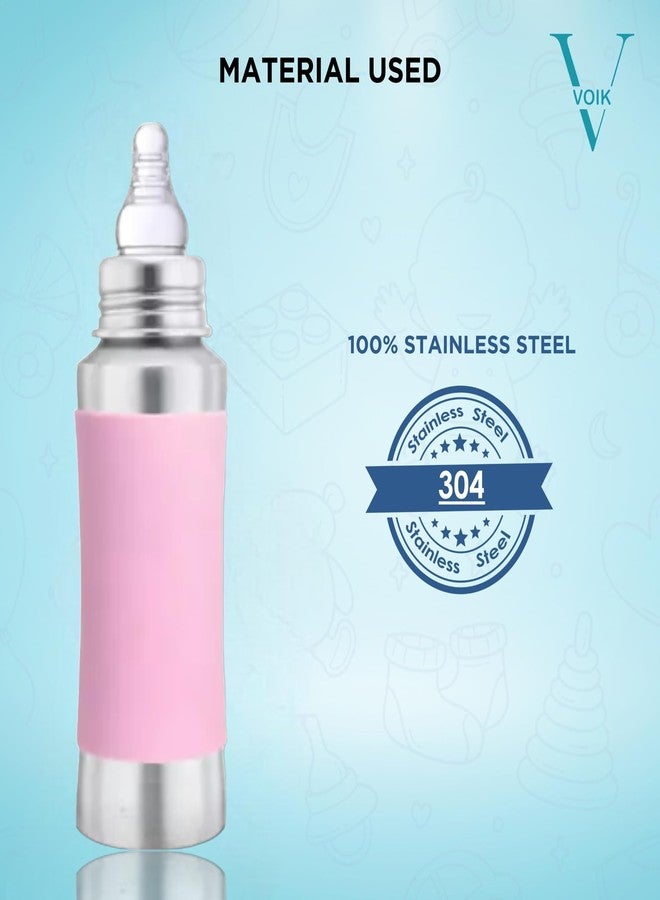 VOIK Baby Feeding Bottle 240ML in Pink Color | Stainless Steel Simple Bottle | Hygienic Silicone Teat | Feeding Bottle for New Born Baby BPA Free - Image 2