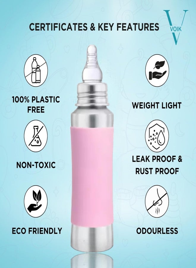 VOIK Baby Feeding Bottle 240ML in Pink Color | Stainless Steel Simple Bottle | Hygienic Silicone Teat | Feeding Bottle for New Born Baby BPA Free - Image 4