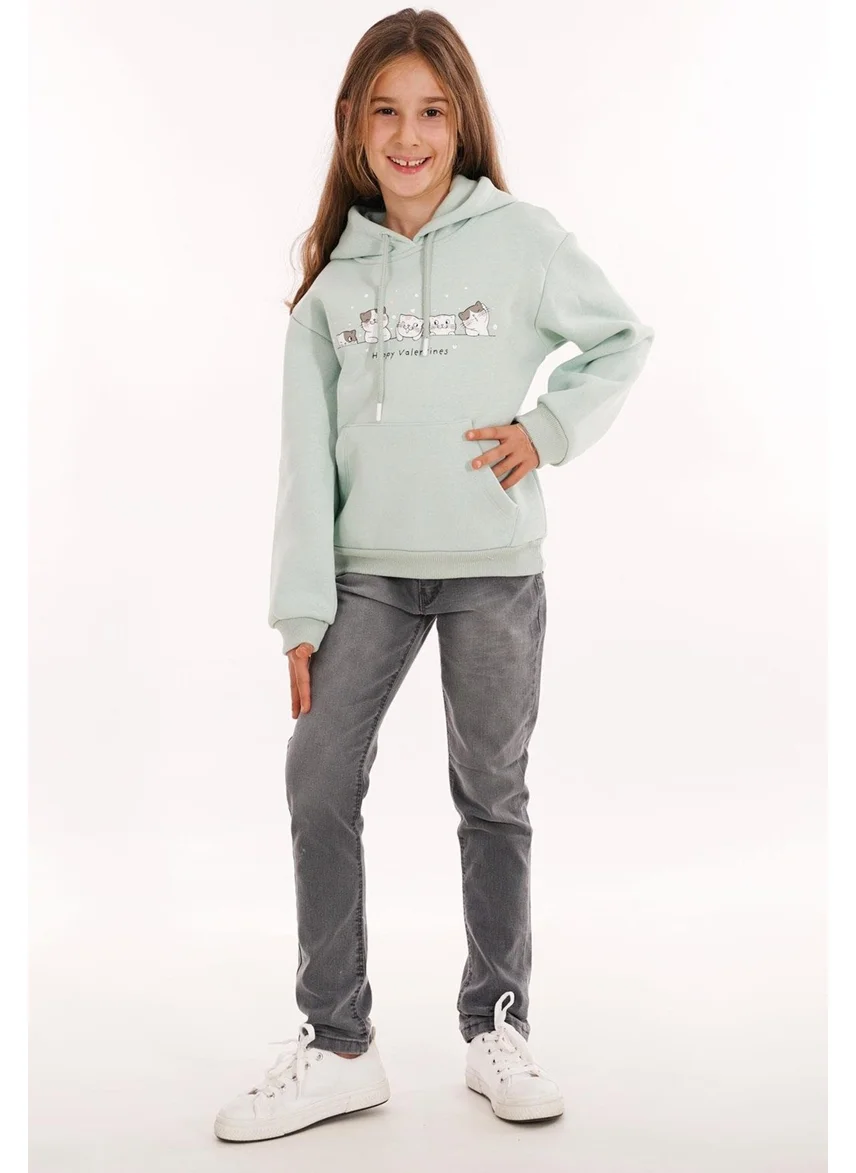 زيبكيدز Cat Printed Kangaroo Pocket Dust Mint Color Girl's Hooded Sweater