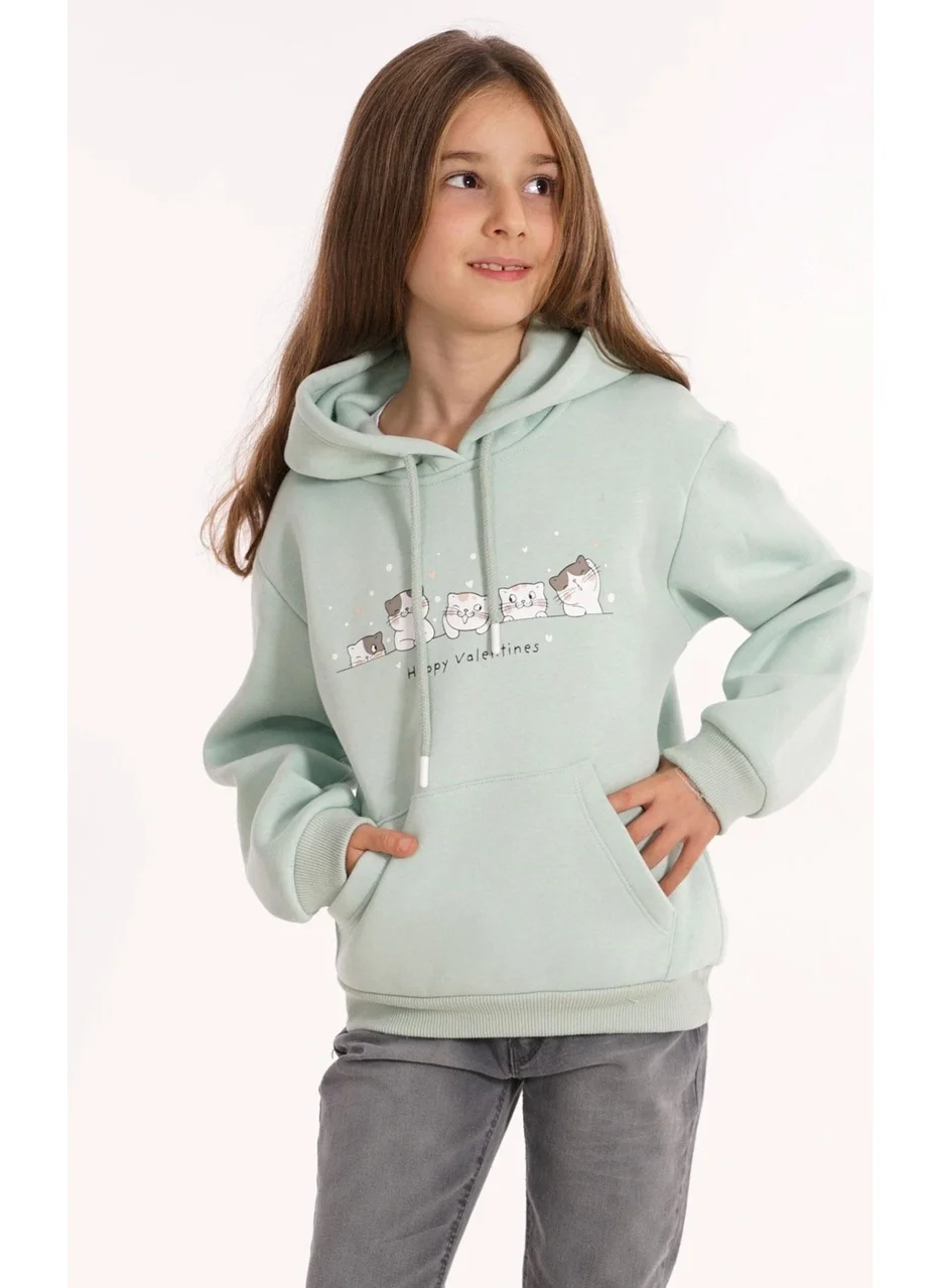 زيبكيدز Cat Printed Kangaroo Pocket Dust Mint Color Girl's Hooded Sweater