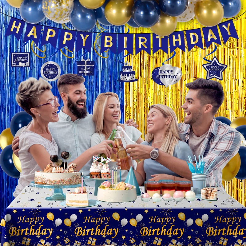 Purtarly Blue and Gold Birthday Decorations for Men Women, Happy Birthday Banner Decorations Bday Party Supplies for Him, Backdrop Balloons Tablecloth Foil Fringe Curtains Hanging Swirls Decor for Boys Girls - Image 2
