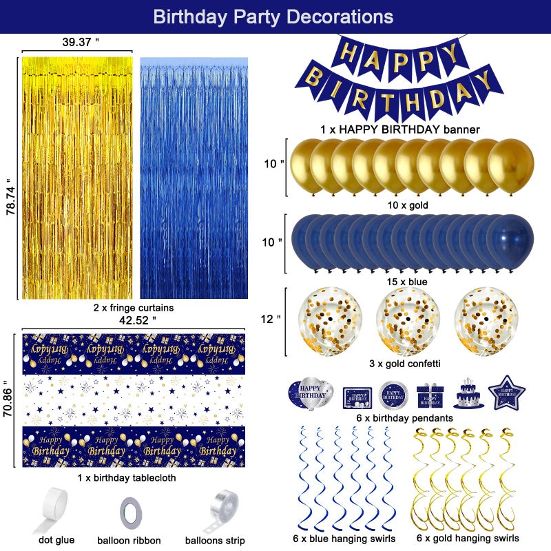 Purtarly Blue and Gold Birthday Decorations for Men Women, Happy Birthday Banner Decorations Bday Party Supplies for Him, Backdrop Balloons Tablecloth Foil Fringe Curtains Hanging Swirls Decor for Boys Girls - Image 5