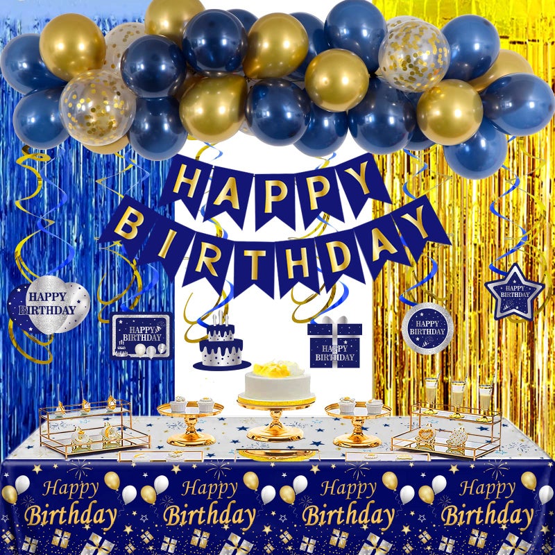 Purtarly Blue and Gold Birthday Decorations for Men Women, Happy Birthday Banner Decorations Bday Party Supplies for Him, Backdrop Balloons Tablecloth Foil Fringe Curtains Hanging Swirls Decor for Boys Girls - Image 1