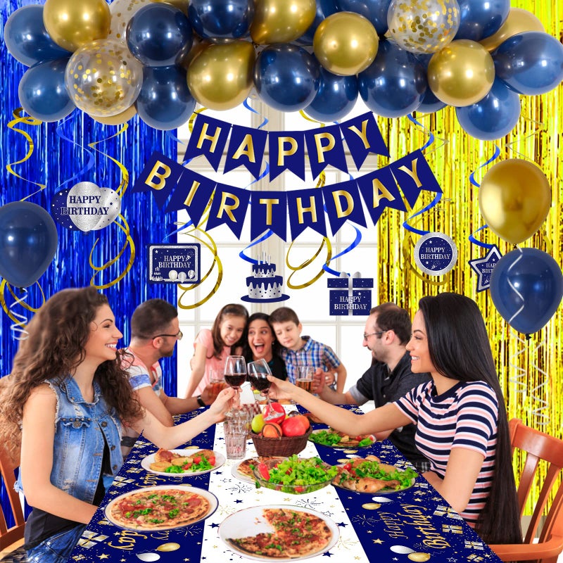 Purtarly Blue and Gold Birthday Decorations for Men Women, Happy Birthday Banner Decorations Bday Party Supplies for Him, Backdrop Balloons Tablecloth Foil Fringe Curtains Hanging Swirls Decor for Boys Girls - Image 3