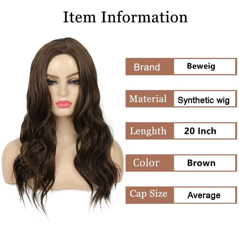 Beweig Long Curly Wavy Brown Wig for Women Middle Part Hair Replacement Wigs Synthetic Heat Resistant Fibers for Daily Use,20" - Image 2