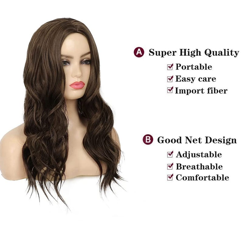 Beweig Long Curly Wavy Brown Wig for Women Middle Part Hair Replacement Wigs Synthetic Heat Resistant Fibers for Daily Use,20" - Image 3