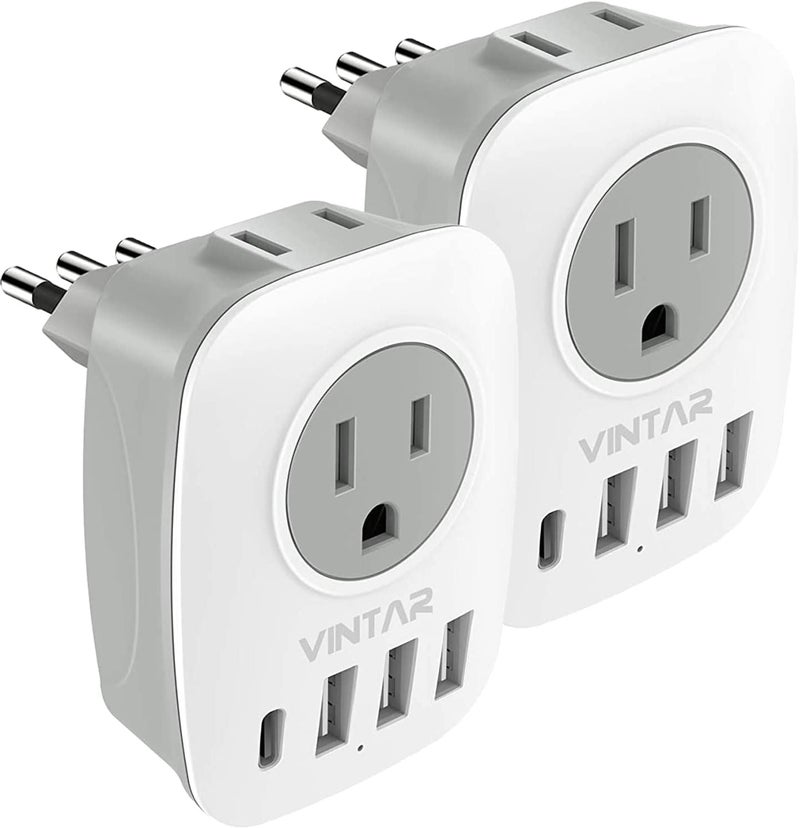 VINTAR 2 Pack Italy Travel Plug Adapter, Italy Power Adapter with 2 Outlets 4 USB Ports(1 USB C), 6 in 1 Type L Plug Adaptor, 3 Prong Grounded Plug for US to Italian Chile Uruguay Libya Tunisia - Image 1
