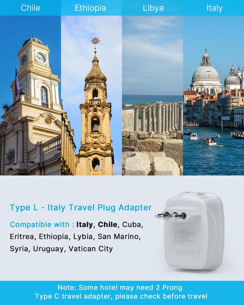 VINTAR 2 Pack Italy Travel Plug Adapter, Italy Power Adapter with 2 Outlets 4 USB Ports(1 USB C), 6 in 1 Type L Plug Adaptor, 3 Prong Grounded Plug for US to Italian Chile Uruguay Libya Tunisia - Image 2