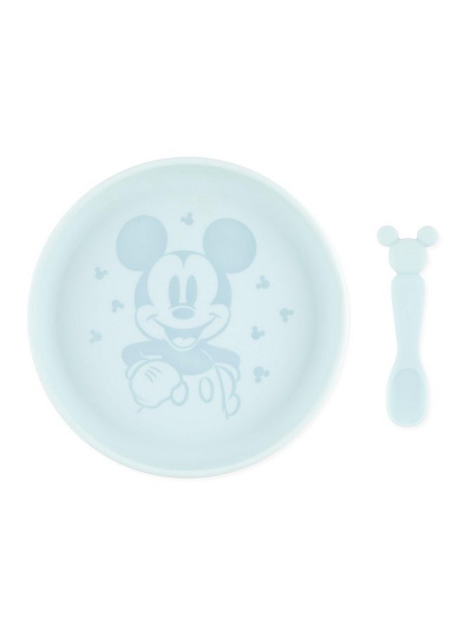 BUMKiNs Bumkins Disney Baby and Toddler Plate and Spoon Set, Silicone Dish for Babies and Kids, Baby Led Weaning, Children Feeding Supplies, Microwave Safe, Platinum Silicone, Ages 6 Months Up, Mickey Mouse  - Image 1