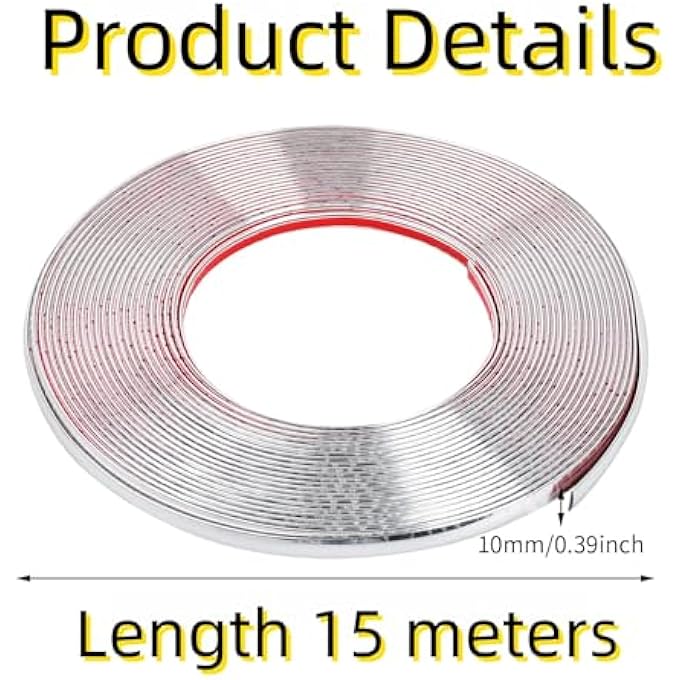 ريحني شريط تشطيبات كروم السيارة مقاس 10 مم × 15 متر بتصميم ذاتي لاصق عالمي باللون الفضي - Image 2