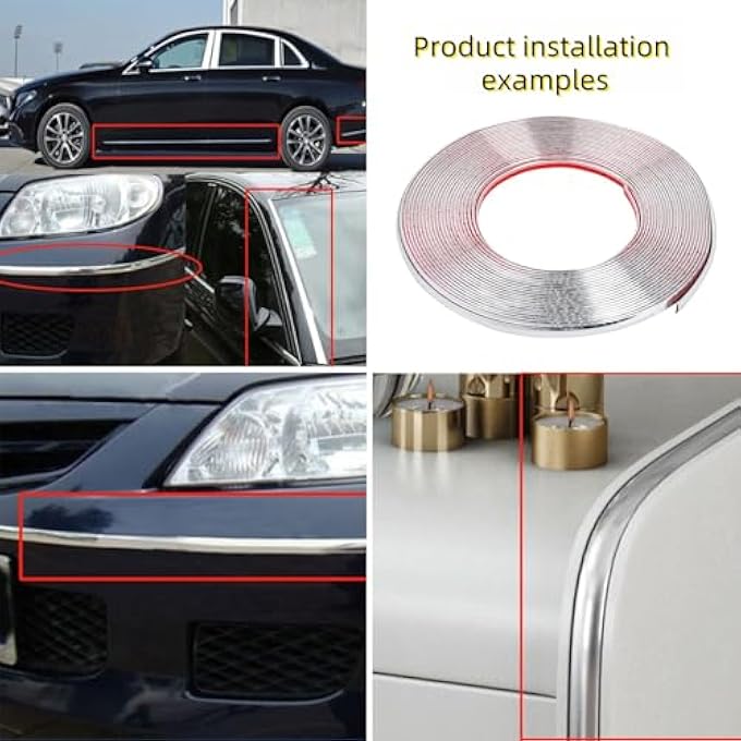 ريحني شريط تشطيبات كروم السيارة مقاس 10 مم × 15 متر بتصميم ذاتي لاصق عالمي باللون الفضي - Image 3