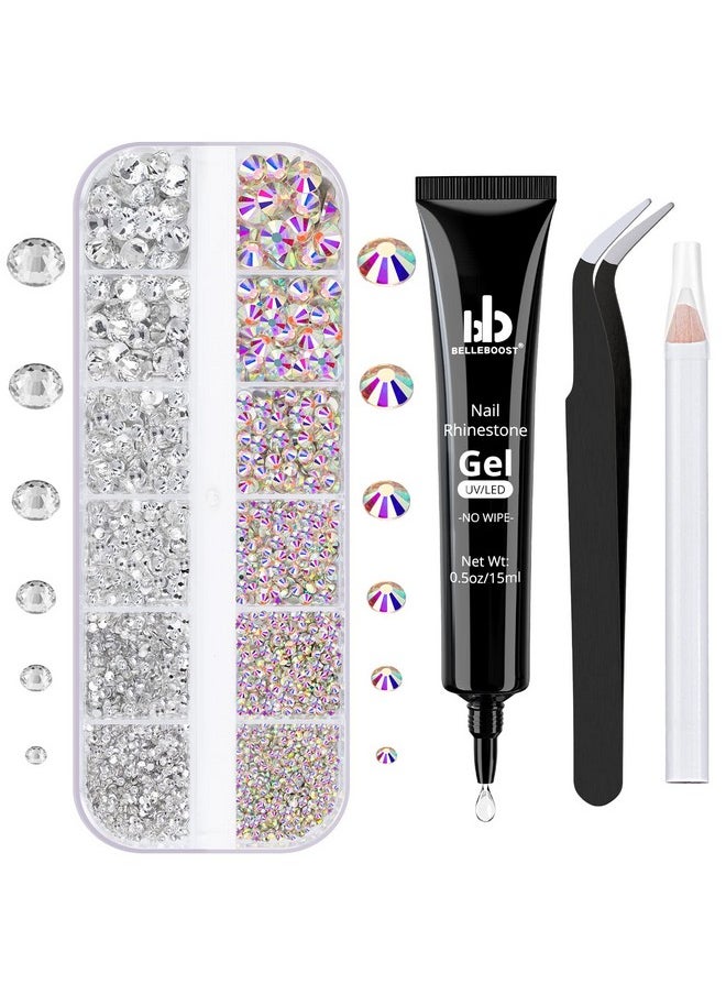 BELLEBOOST Nail Art Rhinestone Glue Gel&Flatback Gems Accessories Kit 1 Tube Of 15Ml Rhinestone Gel Glue(Uvled Needed)+1 Box Of Flatback Round Glass Crystal Ab&Clear Gemstones With Pickup Pencil And Tweezer  - Image 1