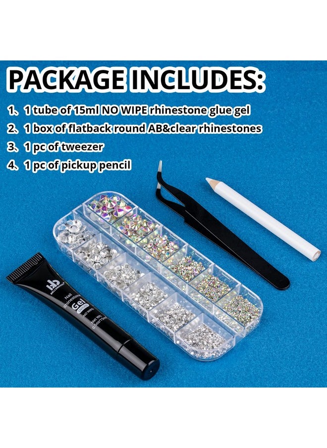 BELLEBOOST Nail Art Rhinestone Glue Gel&Flatback Gems Accessories Kit 1 Tube Of 15Ml Rhinestone Gel Glue(Uvled Needed)+1 Box Of Flatback Round Glass Crystal Ab&Clear Gemstones With Pickup Pencil And Tweezer  - Image 2