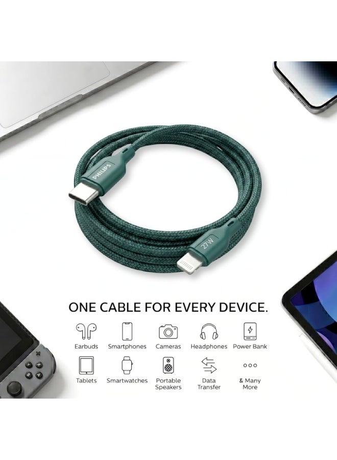 PHILIPS USB Type-C to Lightning Fast Charging Cable, 27W Fast Charging, MFi Certified, Nylon Braided, 1m, Crystal Teal, DLC4130LT/94 green - Image 3