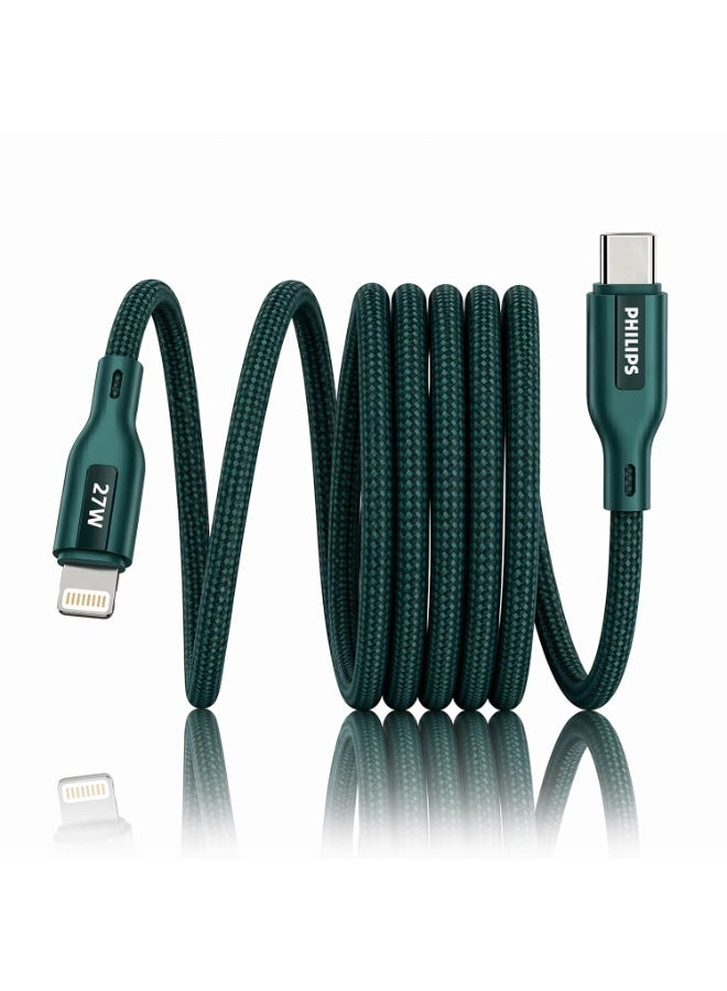 PHILIPS USB Type-C to Lightning Fast Charging Cable, 27W Fast Charging, MFi Certified, Nylon Braided, 1m, Crystal Teal, DLC4130LT/94 green - Image 1