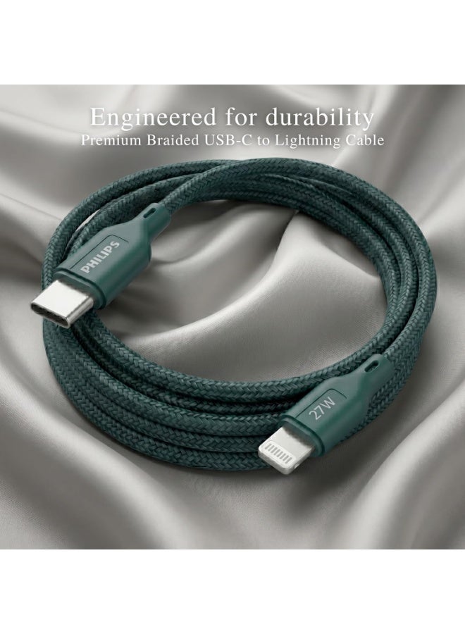 PHILIPS USB Type-C to Lightning Fast Charging Cable, 27W Fast Charging, MFi Certified, Nylon Braided, 1m, Crystal Teal, DLC4130LT/94 green - Image 4