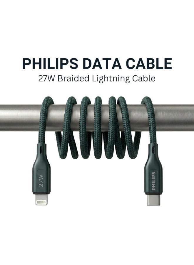 PHILIPS USB Type-C to Lightning Fast Charging Cable, 27W Fast Charging, MFi Certified, Nylon Braided, 1m, Crystal Teal, DLC4130LT/94 green - Image 2