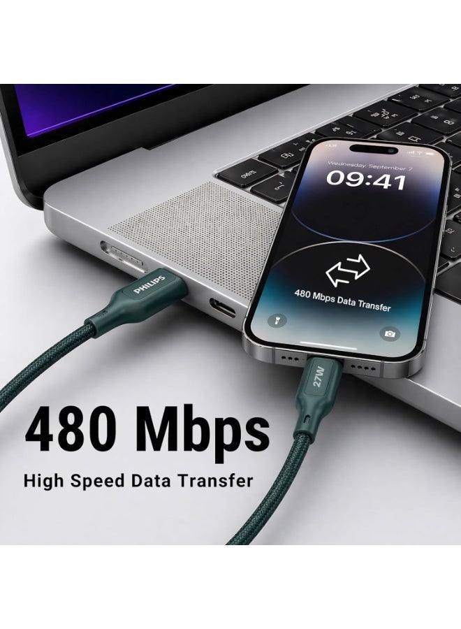 PHILIPS USB Type-C to Lightning Fast Charging Cable, 27W Fast Charging, MFi Certified, Nylon Braided, 1m, Crystal Teal, DLC4130LT/94 green - Image 5