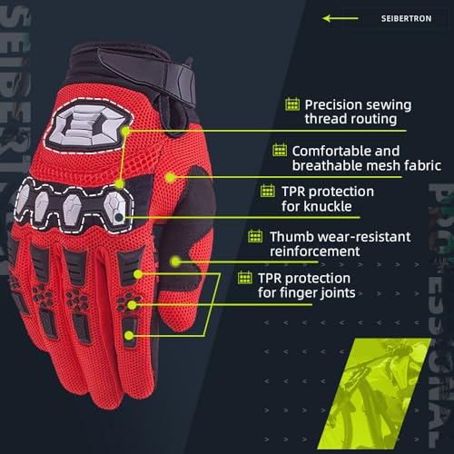 Seibertron قفازات سبيرترون للجنسين MX ATV MTB للسباقات - قفاز كامل الأصابع مع شاشة تعمل باللمس للدراجات الهوائية وركوب الجبال والدراجات النارية وموتوكروس أحمر M - Image 3
