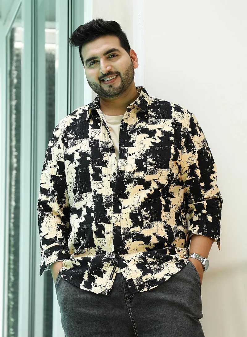 Instafab Plus Men's Beige & Black Paint Strokes Shirt For Casual Wear | Spread Collar | Long Regular Sleeves | Button Closure | Plus Size Shirt Crafted With Comfort Fit For Everyday Wear