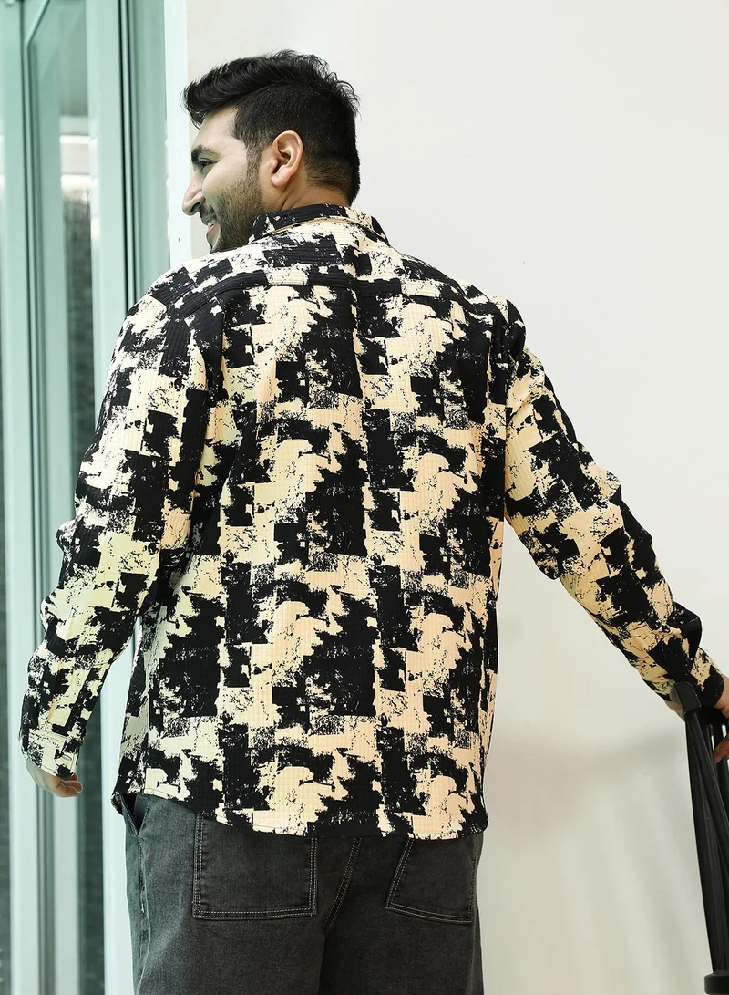 Instafab Plus  Men's Beige & Black Paint Strokes Shirt For Casual Wear | Spread Collar | Long Regular Sleeves | Button Closure | Plus Size Shirt Crafted With Comfort Fit For Everyday Wear for Men | Best Price UAE