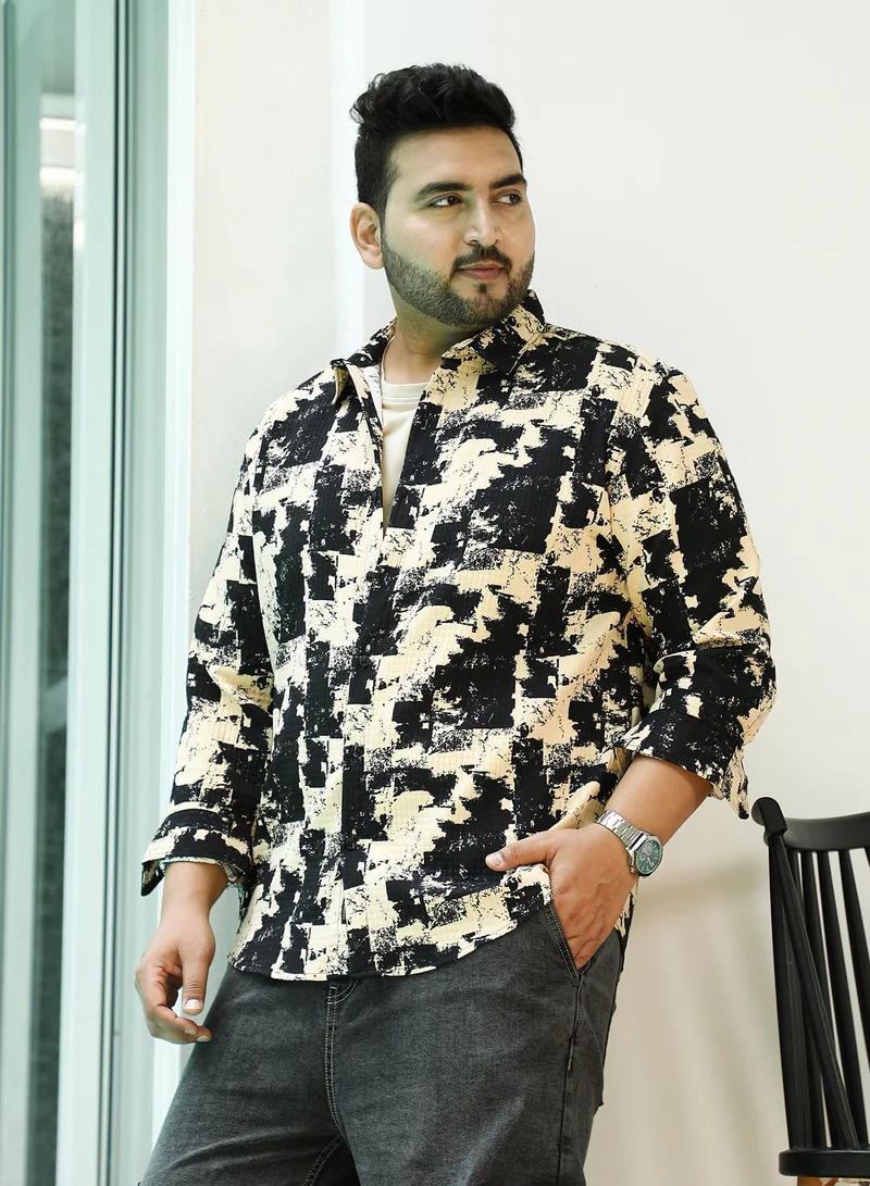 Instafab Plus  Men's Beige & Black Paint Strokes Shirt For Casual Wear | Spread Collar | Long Regular Sleeves | Button Closure | Plus Size Shirt Crafted With Comfort Fit For Everyday Wear for Men | Best Price UAE