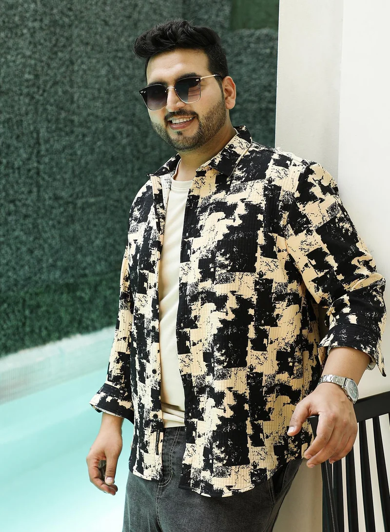 Instafab Plus Men's Beige & Black Paint Strokes Shirt For Casual Wear | Spread Collar | Long Regular Sleeves | Button Closure | Plus Size Shirt Crafted With Comfort Fit For Everyday Wear