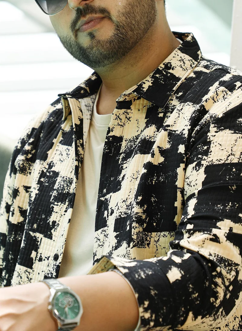 Instafab Plus  Men's Beige & Black Paint Strokes Shirt For Casual Wear | Spread Collar | Long Regular Sleeves | Button Closure | Plus Size Shirt Crafted With Comfort Fit For Everyday Wear for Men | Best Price UAE
