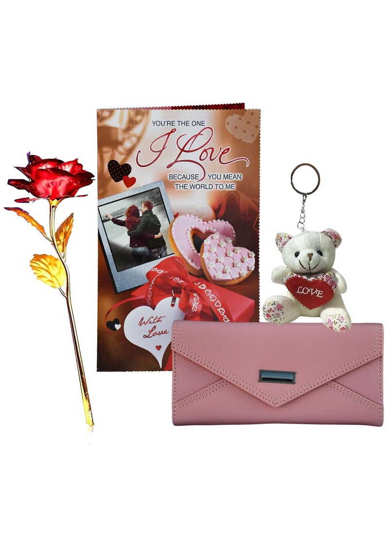 Saugat Traders Saugat Traders Gift Combo for Wife, Girlfriend - Love Greeting Card, Golden Red Rose, Women Hand Wallet, Teddy Bear Keychain - Birthday - Anniversary - Valentines Day  - Image 1
