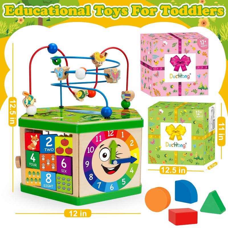 Duchong Wooden Activity Cube for 1 Year old, 12-18 Month Boys & Girls, 7-in-1 STEM Montessori Early Developmental Learning Toys for Kids Aged 1-2, Ideal 1st Birthday Gift Toys for Baby, Toddlers (Green) - Image 2