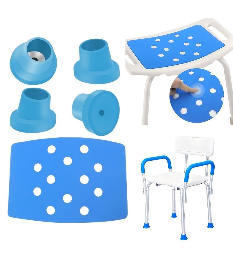 Blue Bathroom Anti Skid Foot Mats Set 4 Diagonal Mats 28mm and 1 Shower Chair Mat 35x24cm with Back Glue Soft Foam for Benches Narrow Bathroom Chairs - Image 1
