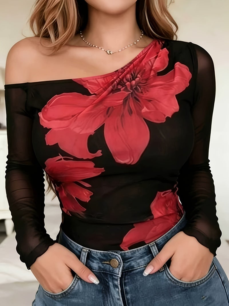 Women'S Mesh Semi - Transparent Floral Print Oversized Round Neck T - Shirt, Hem And Cuff with Dense Wave Design. Elegant And Fashionable Women'S Clothing - Red / S - Image 4