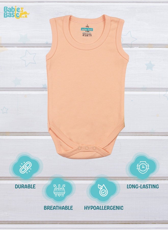 Babies Basic - 100% Super Combed Cotton,Sleeveless Romper/Bodysuit, For New Born To 24Months, Set Of 3 - Blue, Brown, Orange - Image 1