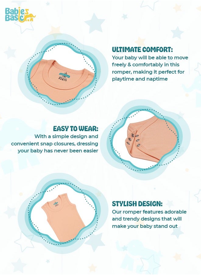 Babies Basic - 100% Super Combed Cotton,Sleeveless Romper/Bodysuit, For New Born To 24Months, Set Of 3 - Blue, Brown, Orange - Image 1