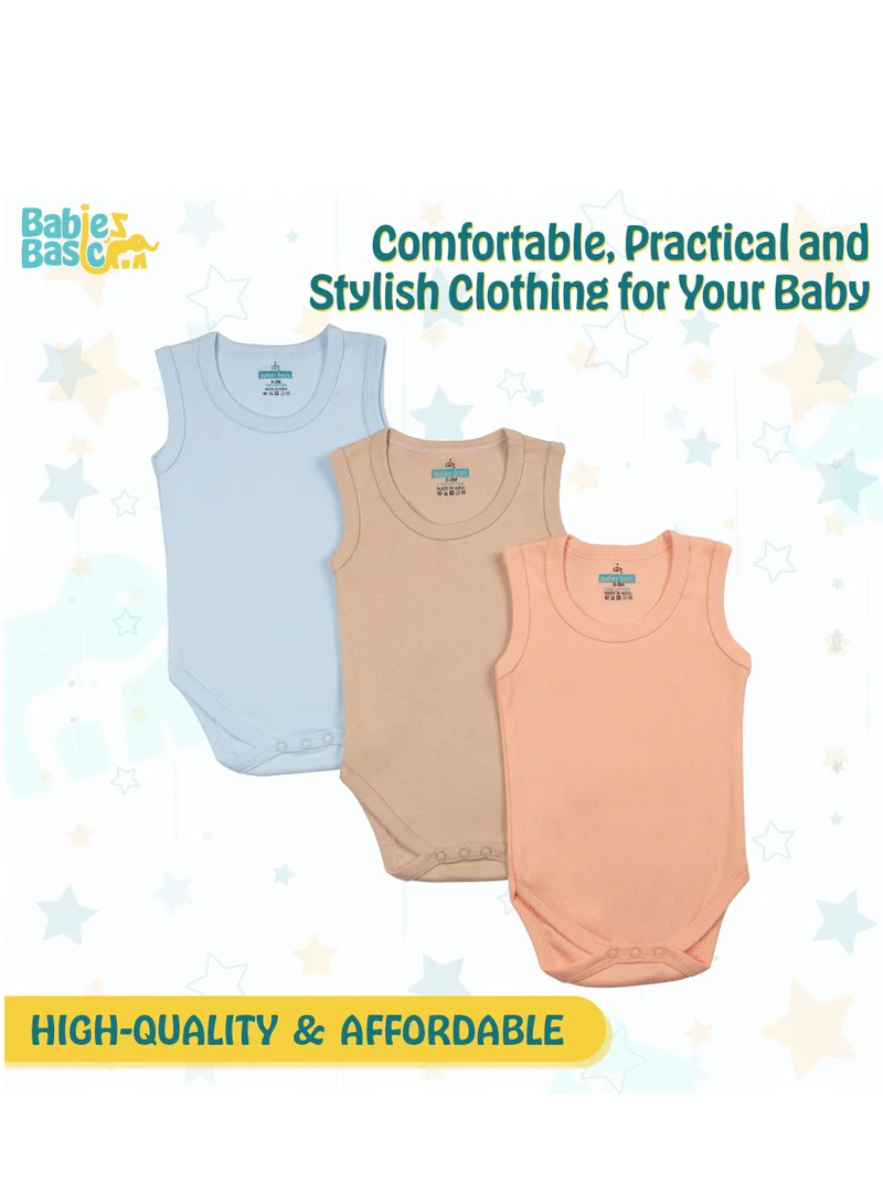 Babies Basic 100% Super Combed Cotton,Sleeveless Romper/Bodysuit, For New Born To 24Months, Set Of 3 - Blue, Brown, Orange