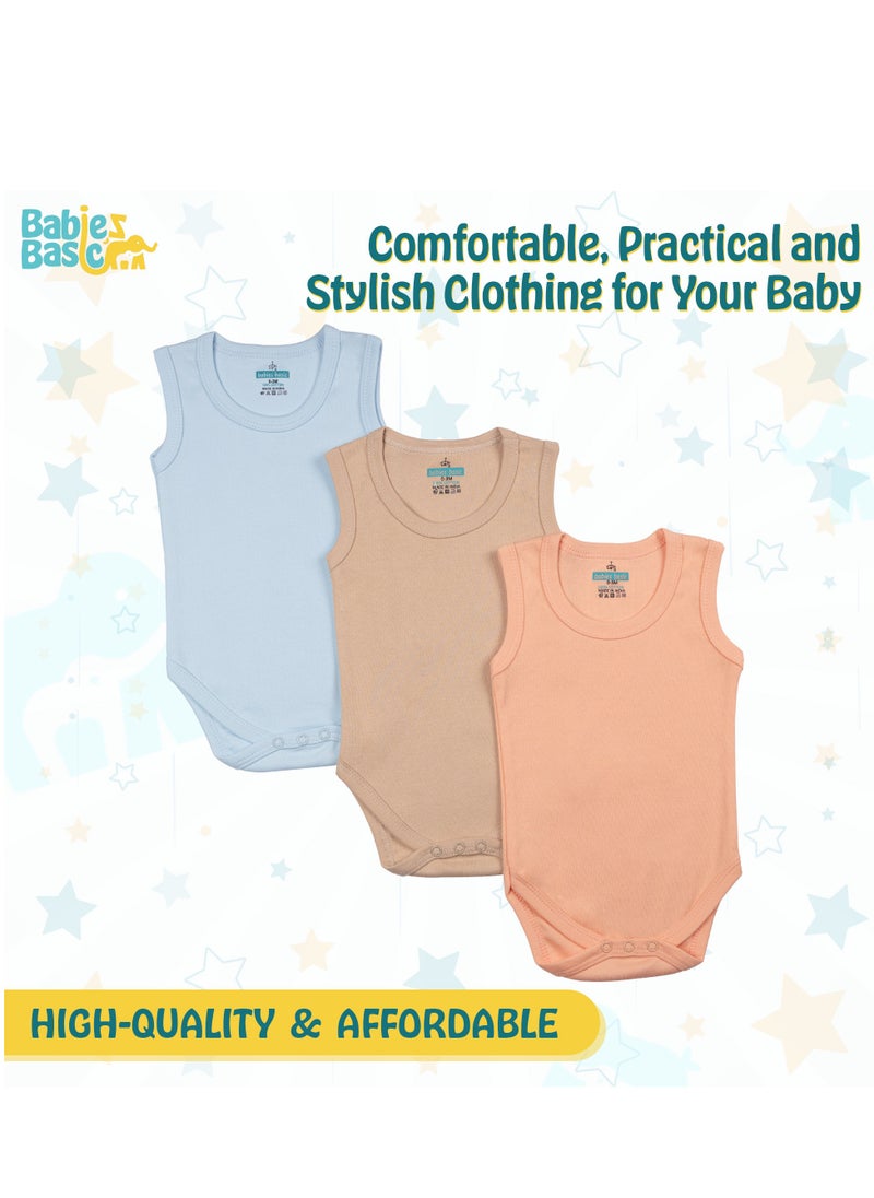 Babies Basic - 100% Super Combed Cotton,Sleeveless Romper/Bodysuit, For New Born To 24Months, Set Of 3 - Blue, Brown, Orange - Image 1