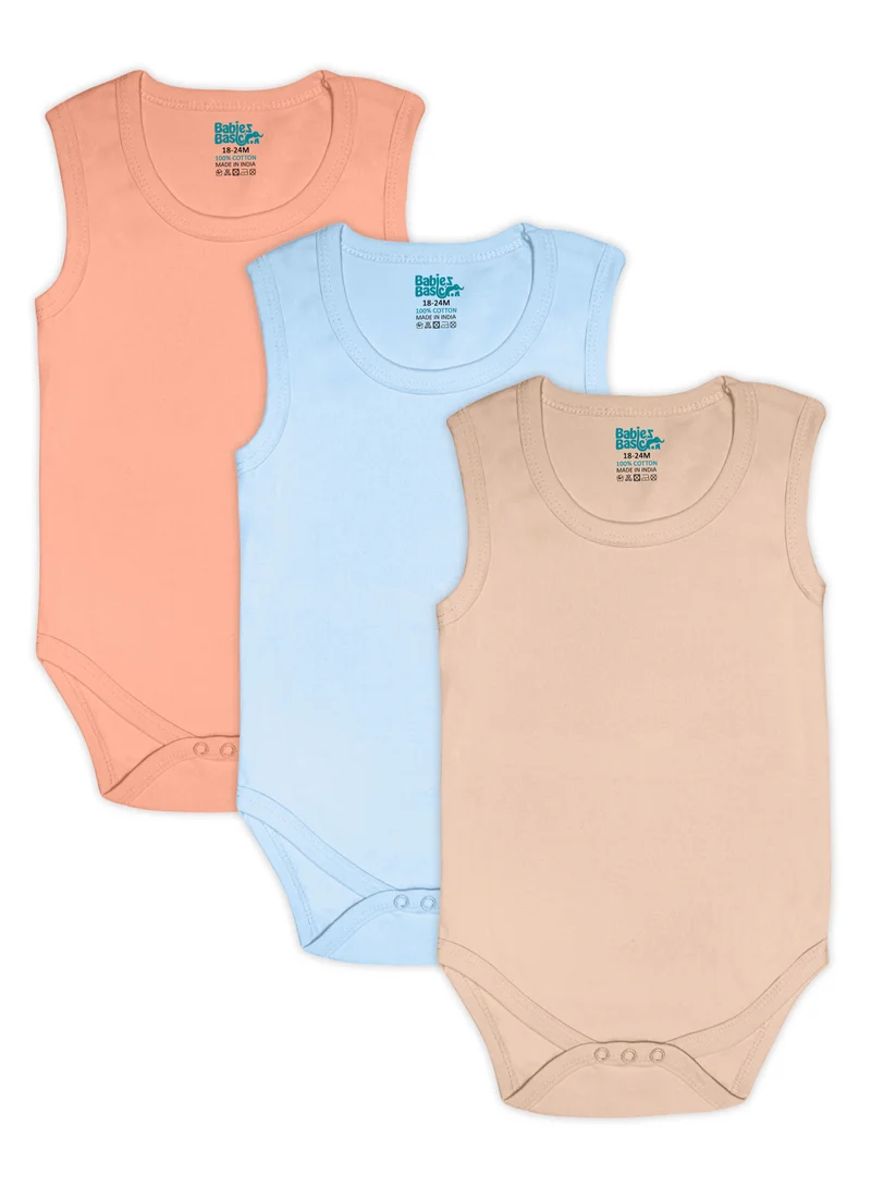 Babies Basic 100% Super Combed Cotton,Sleeveless Romper/Bodysuit, For New Born To 24Months, Set Of 3 - Blue, Brown, Orange