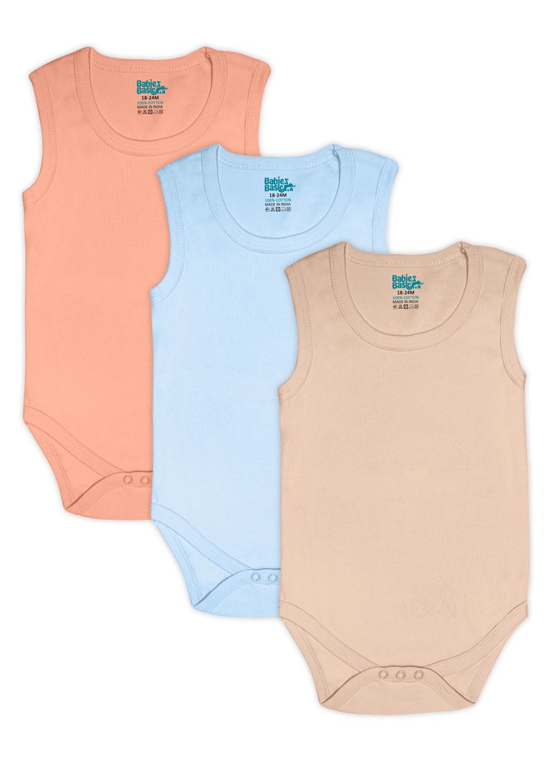 Babies Basic - 100% Super Combed Cotton,Sleeveless Romper/Bodysuit, For New Born To 24Months, Set Of 3 - Blue, Brown, Orange - Image 1