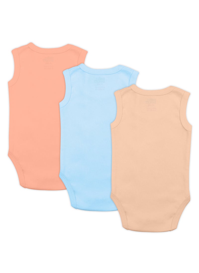 Babies Basic - 100% Super Combed Cotton,Sleeveless Romper/Bodysuit, For New Born To 24Months, Set Of 3 - Blue, Brown, Orange - Image 1