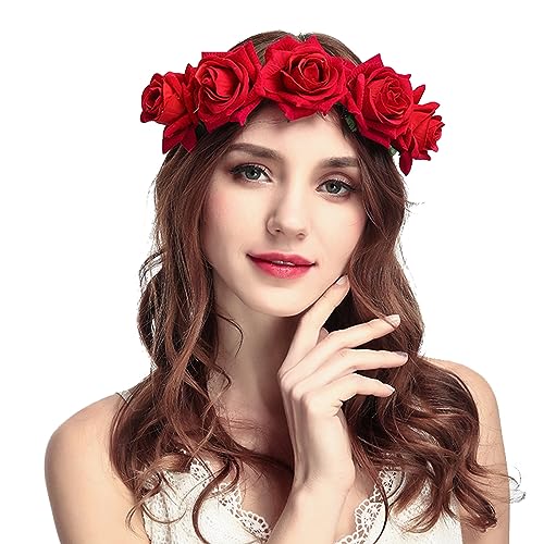June Bloomy Rose Floral Crown Garland Flower Headband Headpiece for Wedding Festival (Velvet Red) - Image 1