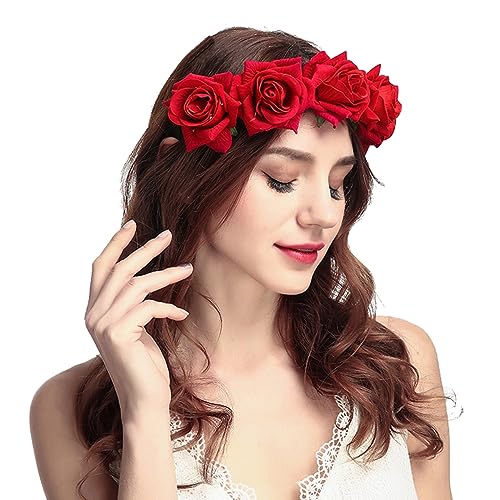 June Bloomy Rose Floral Crown Garland Flower Headband Headpiece for Wedding Festival (Velvet Red) - Image 3
