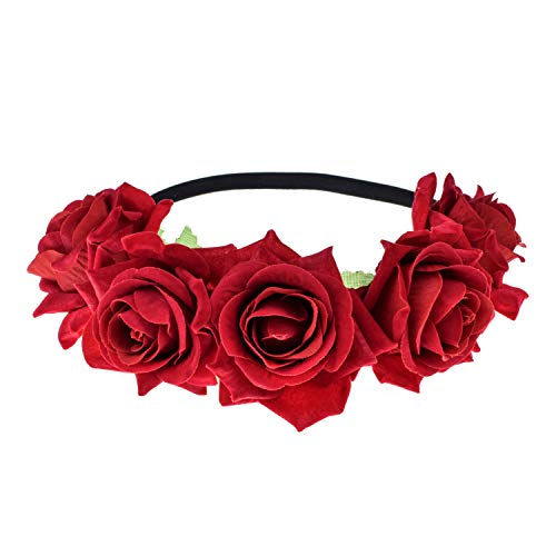 June Bloomy Rose Floral Crown Garland Flower Headband Headpiece for Wedding Festival (Velvet Red) - Image 4