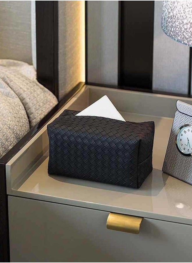 FLYROAD Tissue Box Cover Rectangle Cube Faux Pu Leather Woven Facial Box Covers Holder Tray Organizer for House Tabletop Office Car Bathroom Decorative(BLACK)  - Image 3